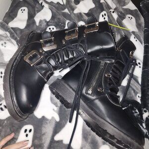 Demonia Bolt 265 Boots Unisex M7 W9 Black Leather Buckle Straps Goth Combat